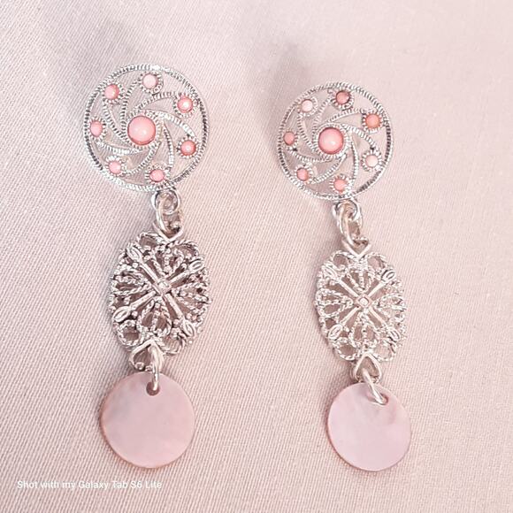 Silver Tone Filagree Dangle Drop Earrings Tiny Pink Stones - Picture 4 of 9